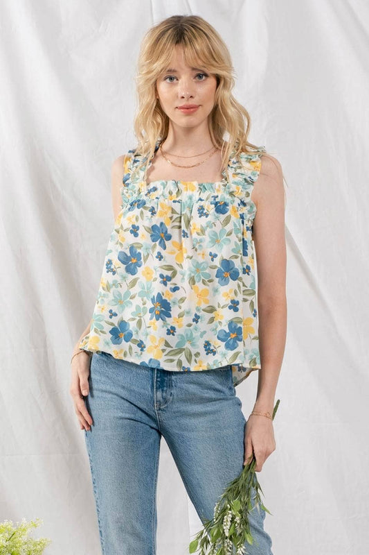 Blue Floral Ruffle Strap Tank