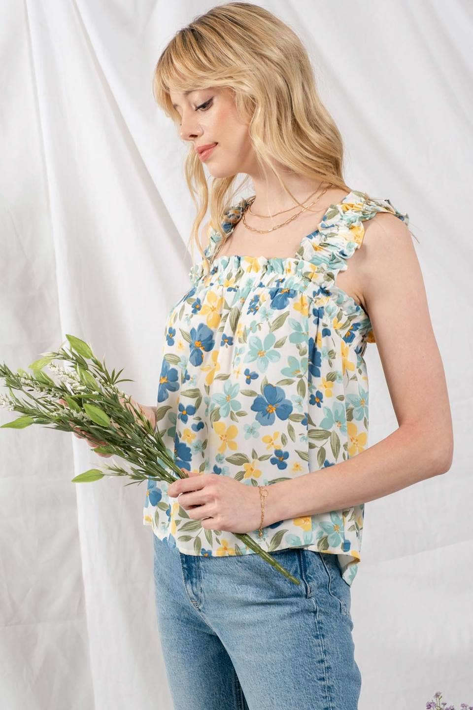 Blue Floral Ruffle Strap Tank