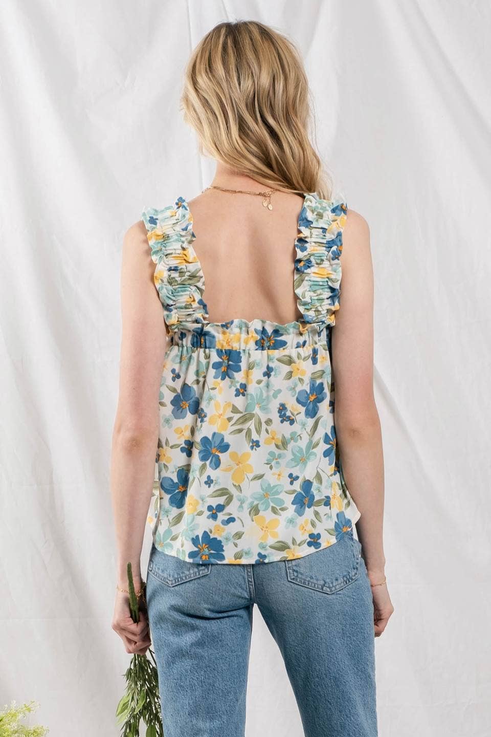 Blue Floral Ruffle Strap Tank